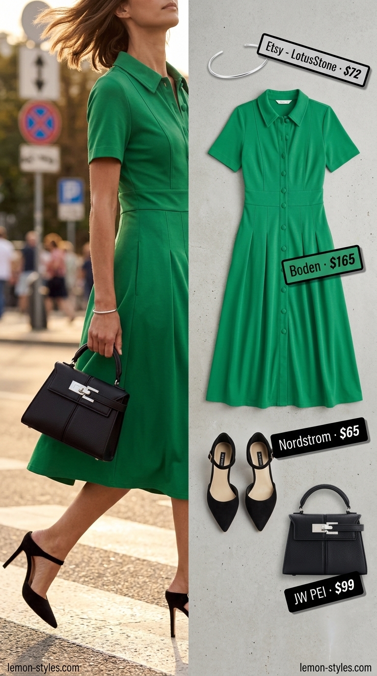 Chic Workwear Shirt Dress 2026 Urban chic olive green shirt dress for women 2026, styled with black mules, structured bag, and silver cuff for polished workwear.