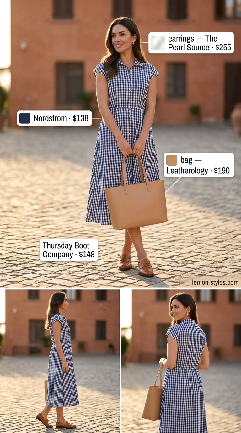 Preppy Summer Shirt Dress 2026 Preppy navy gingham shirt dress for women 2026 with penny loafers, pearl earrings, and leather tote.
