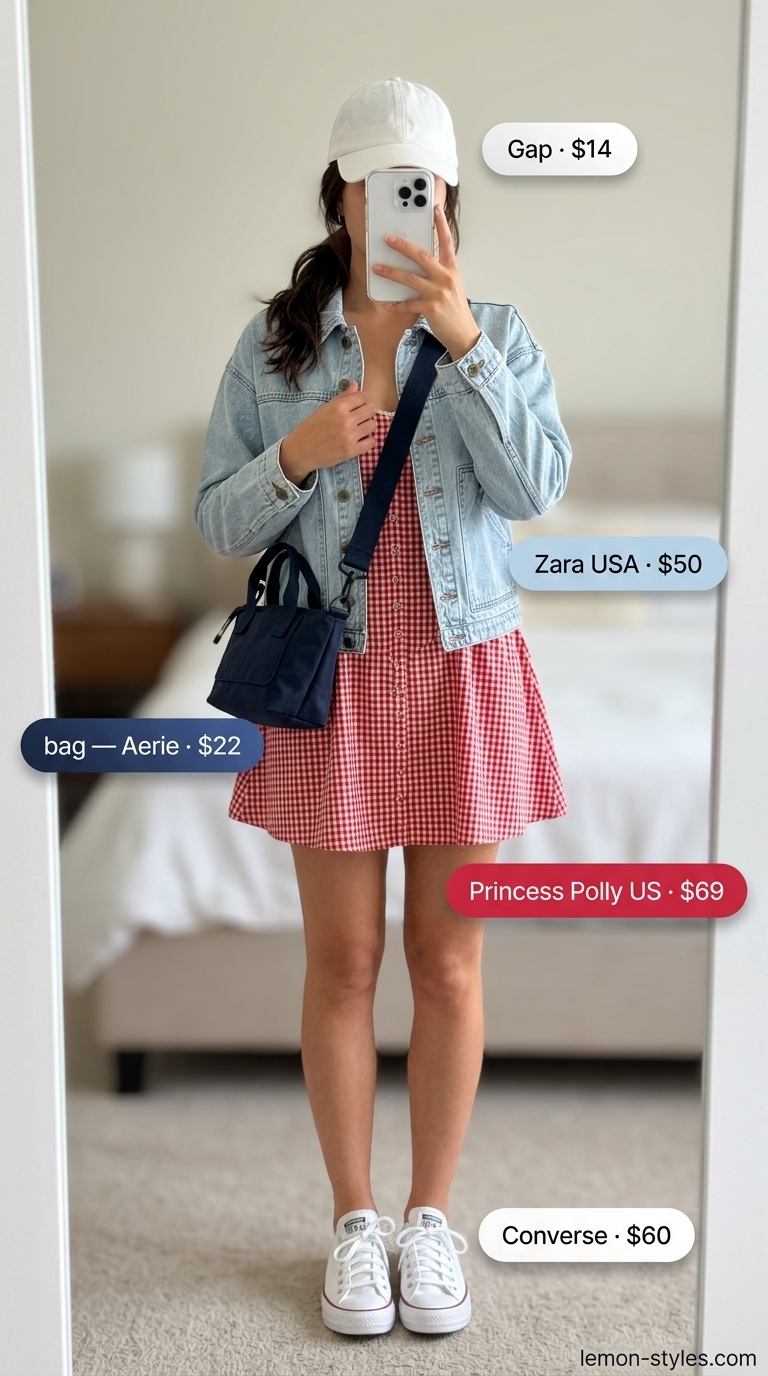 Retro red gingham shirt dress for women 2026, perfect for beach days with denim jacket.