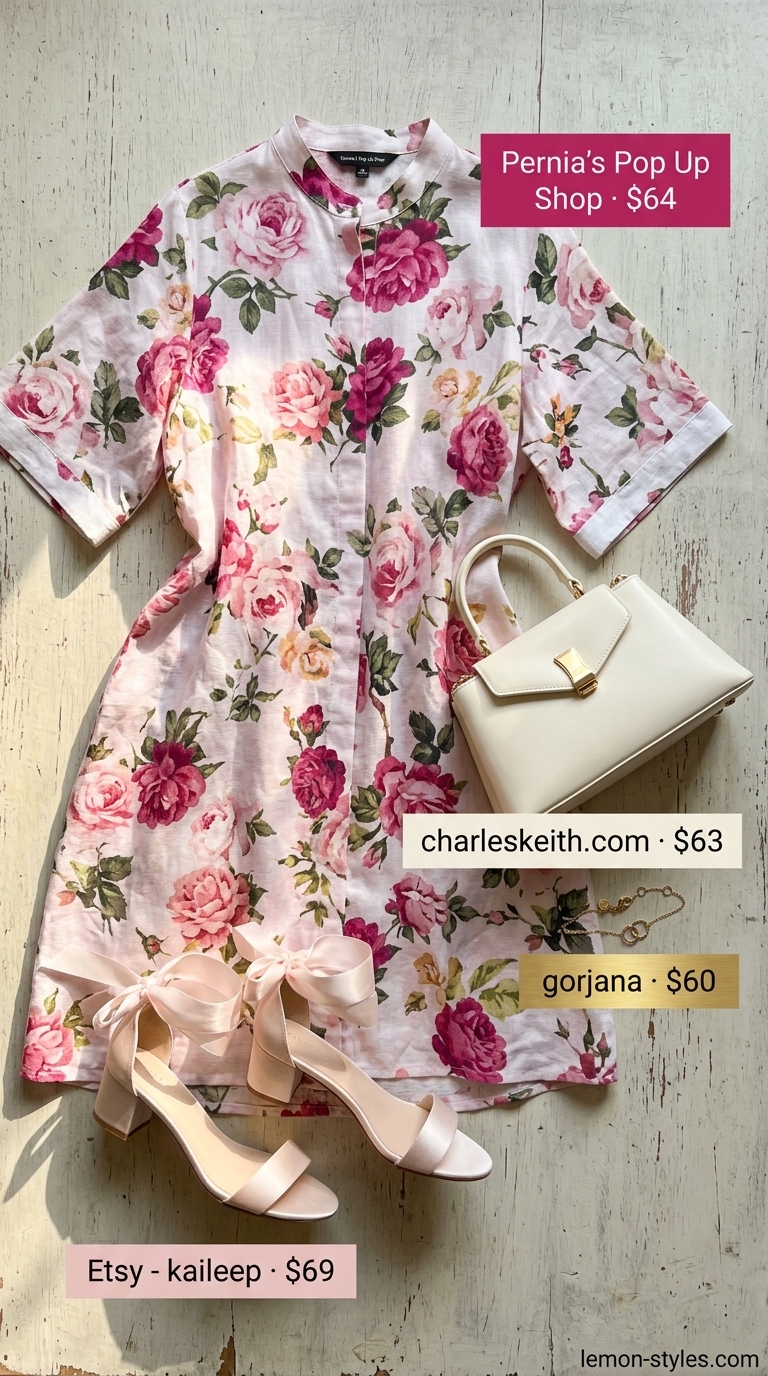 Romantic Garden Shirt Dress 2026 Romantic garden shirt dress for women 2026 in pastel floral silk blend with blush heels and gold jewelry.
