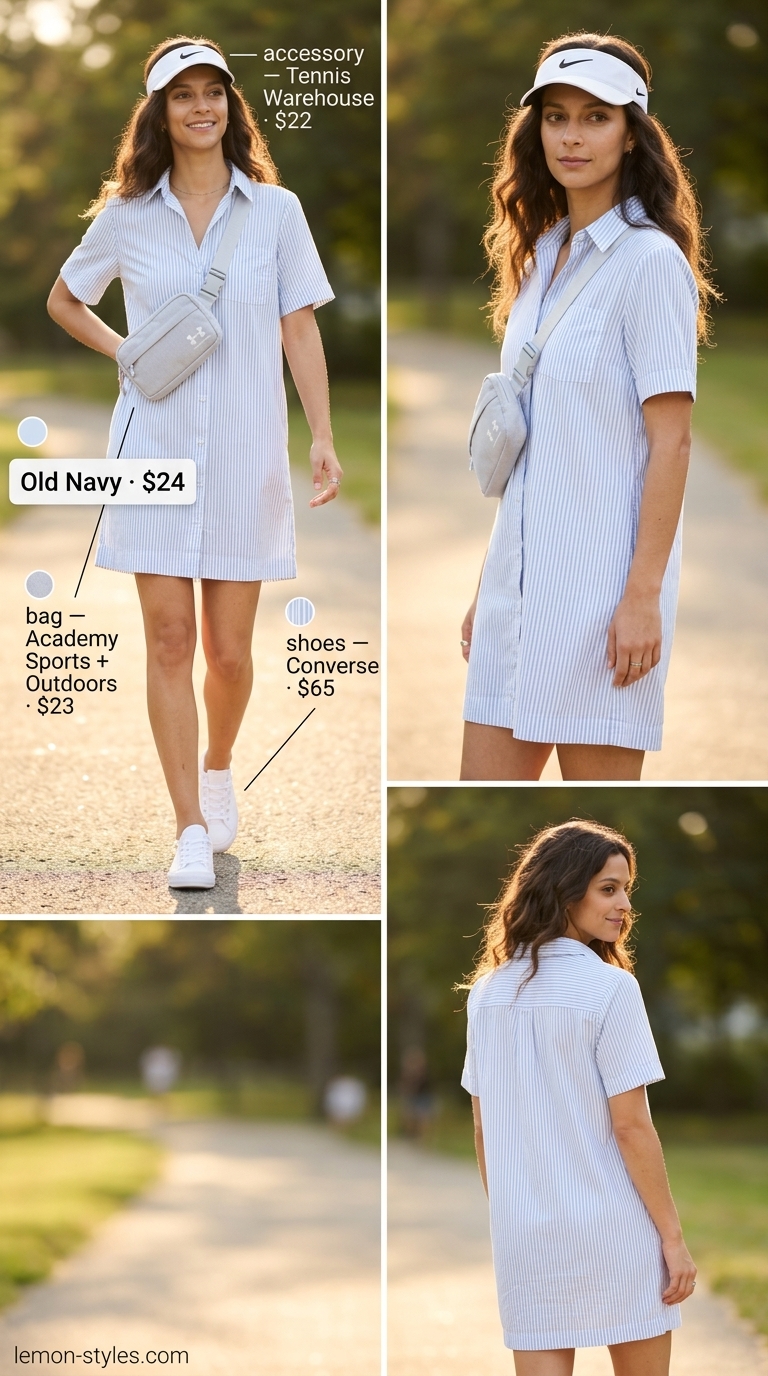 Sporty Summer Shirt Dress 2026 Sporty light blue shirt dress for women 2026 with white sneakers, visor, and grey crossbody bag.