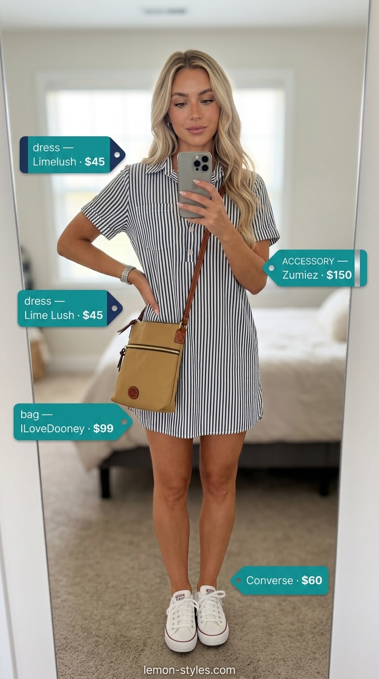 Sporty Summer Shirt Dress 2026 Sporty navy stripe shirt dress for women 2026 with canvas sneakers, crossbody bag, and silver watch.