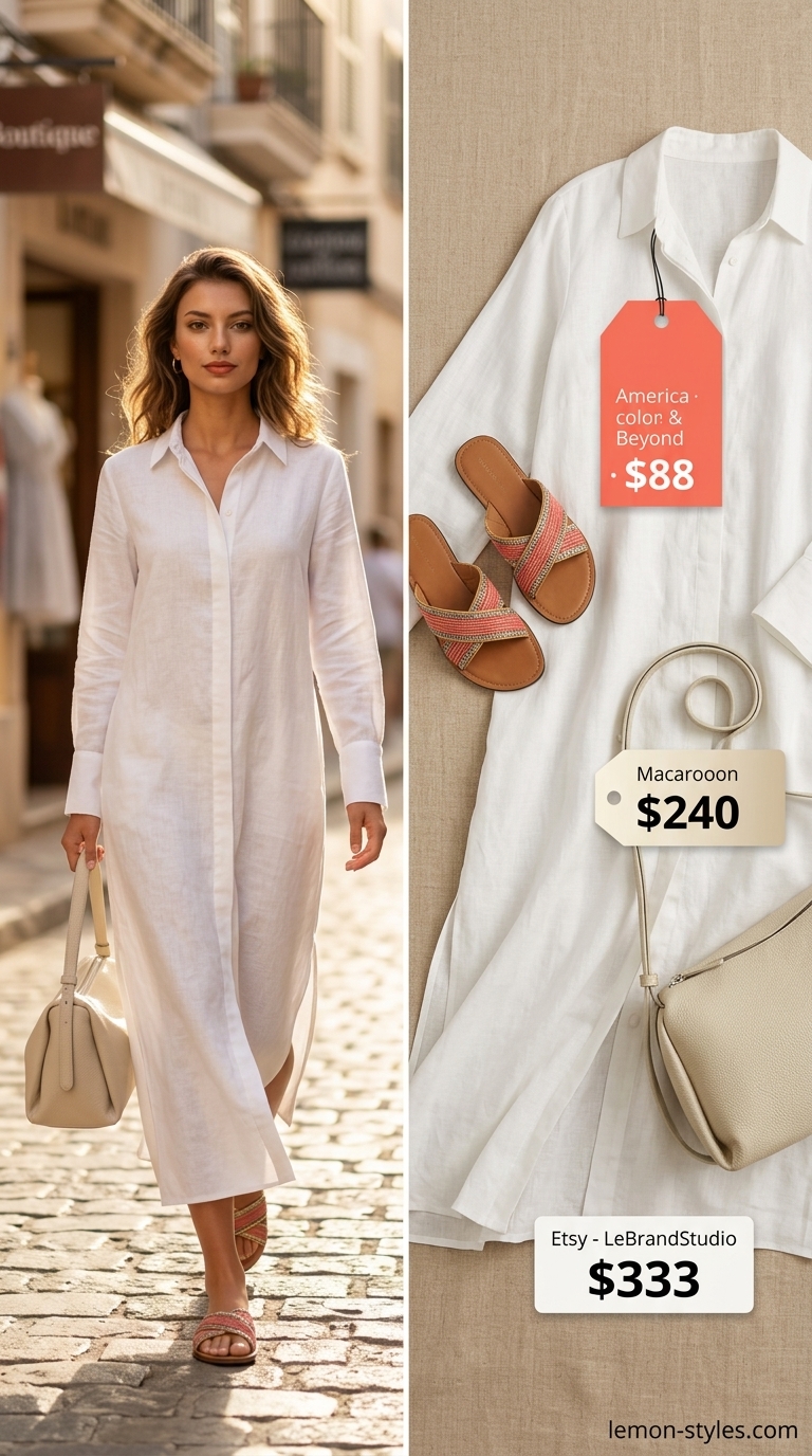 Vacation Shirt Dress for Women 2026 Vacation ready white linen shirt dress for women 2026, styled with coral sandals & straw hat.