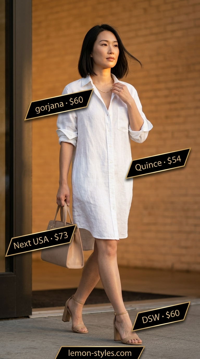 Monochrome Linen Shirt Dress 2026 Chic white linen shirt dress for women 2026, styled with nude accessories and gold jewelry for a sophisticated summer office look.