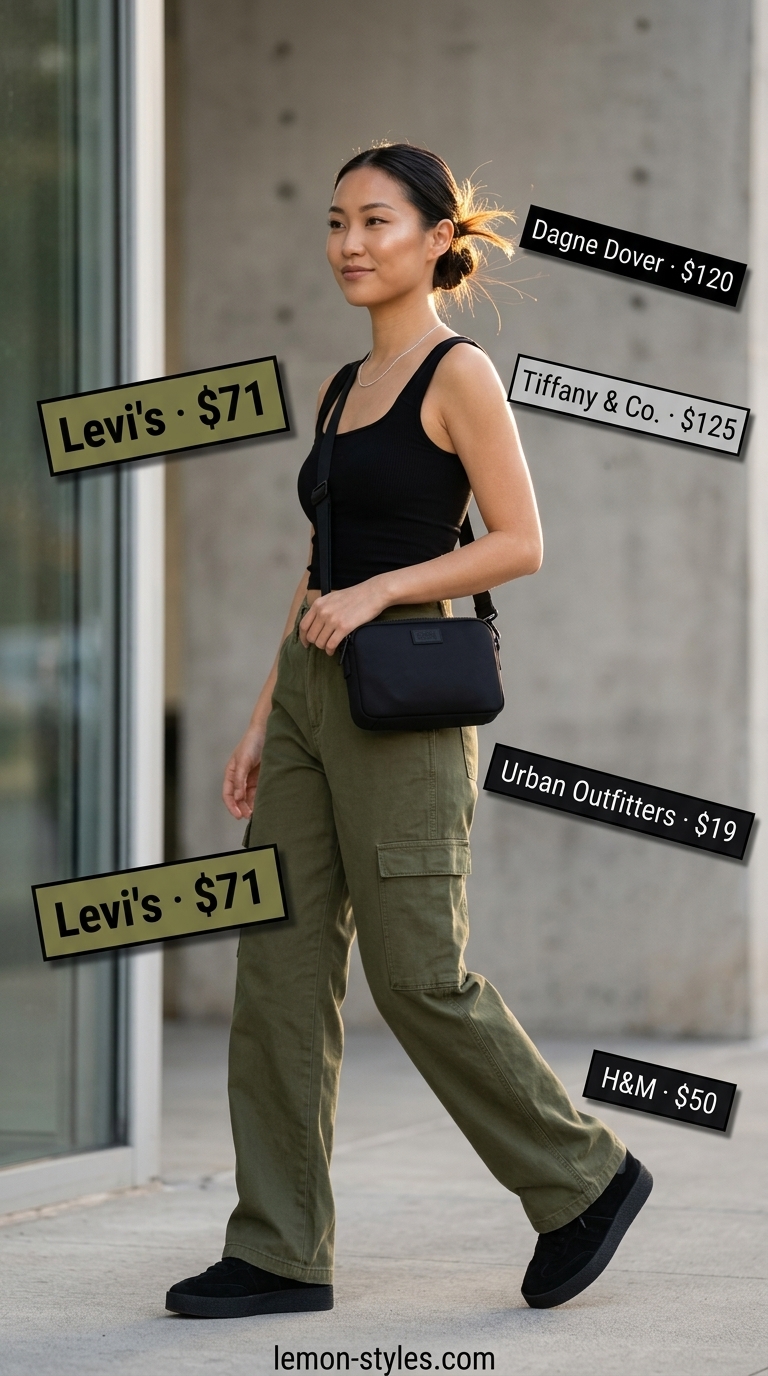 Olive green cargo pants with a black square neck top, perfect for summer Square Neck outfits for women 2026.