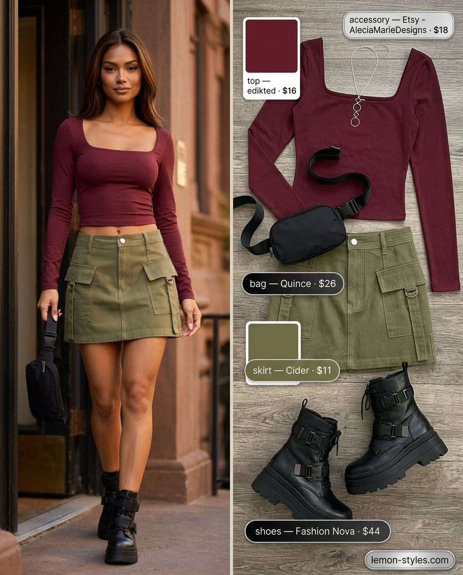 Edgy khaki green cargo mini skirt with black crop top, perfect for summer Square Neck outfits for women 2026.