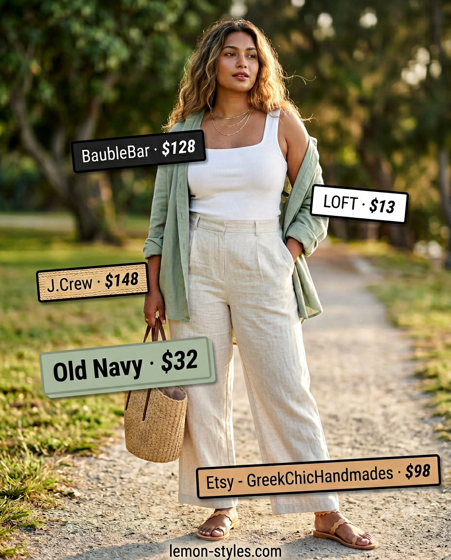 Chic summer Square Neck outfits for women 2026: White tank, sage linen pants, tan sandals for a casual day out.