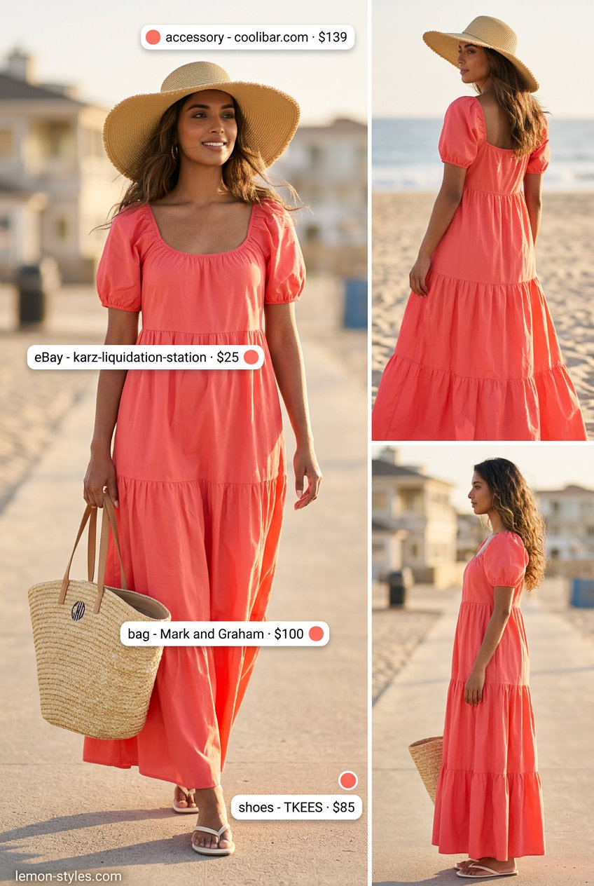 Bohemian coral maxi dress with square neckline, perfect for summer Square Neck outfits for women 2026.