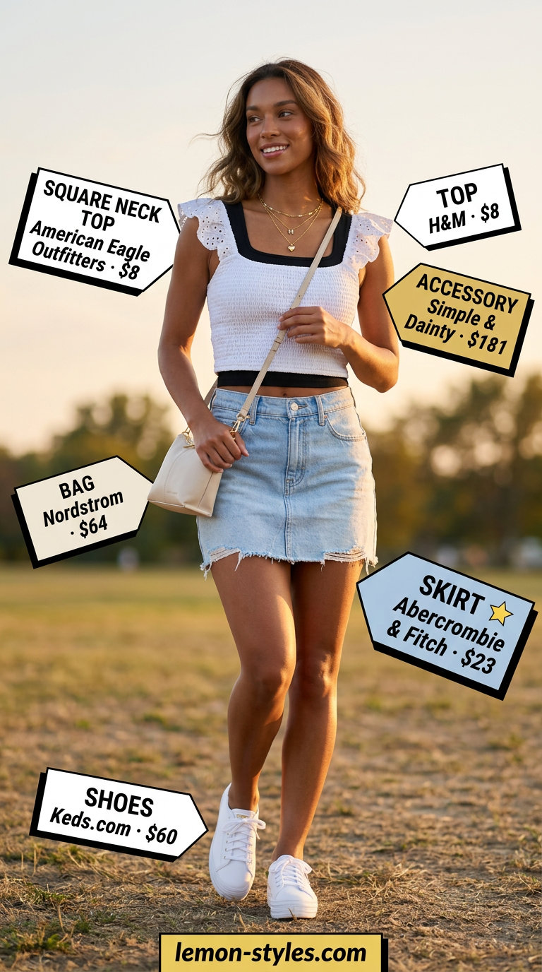 Trendy white smocked square neck crop top with denim mini skirt for summer Square Neck outfits for women 2026.