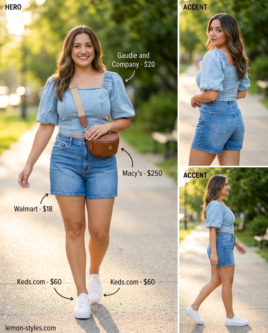 Denim shorts with a square neck crop top for playful summer Square Neck outfits for women 2026.