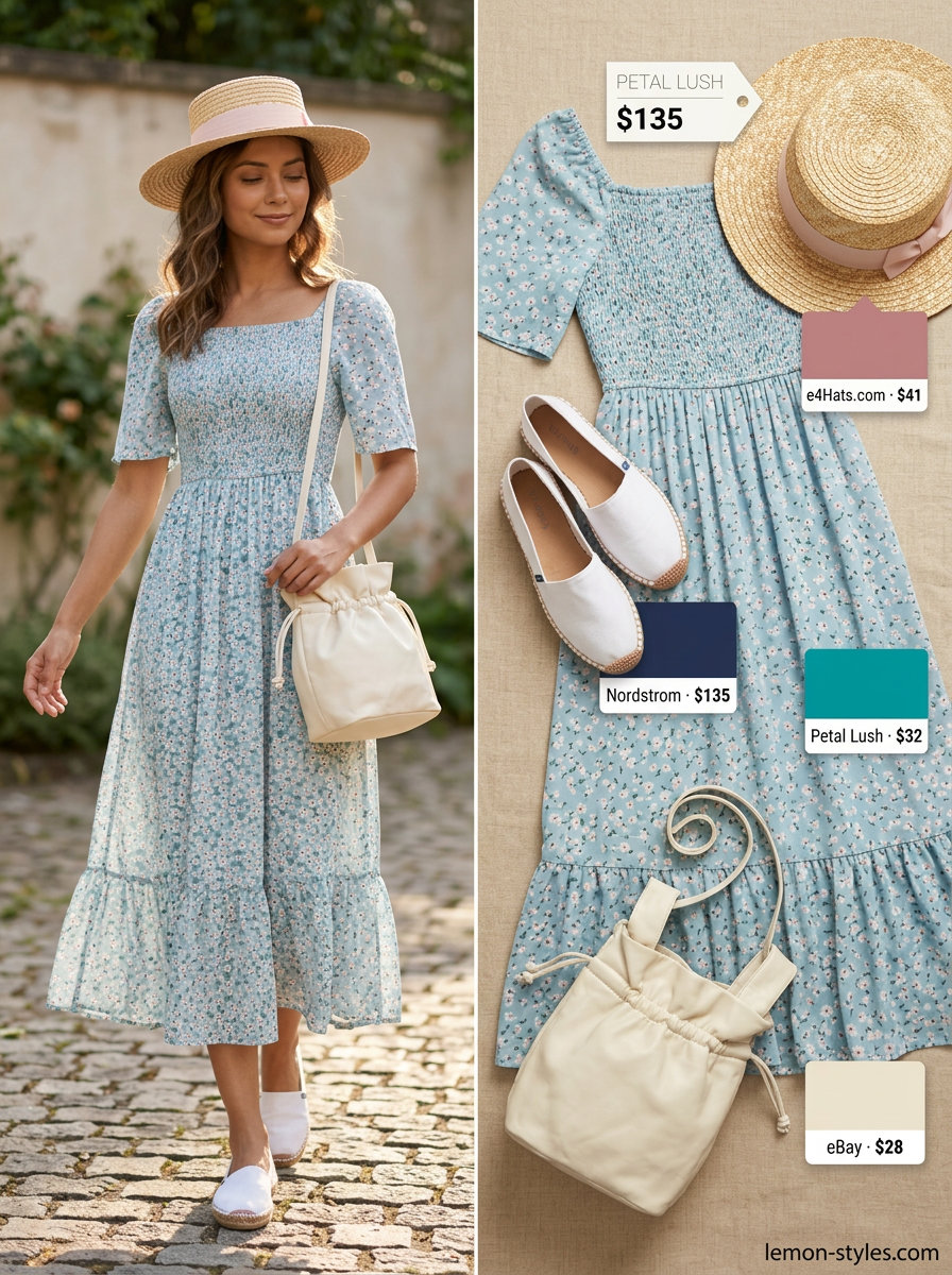 Sweet pastel blue floral square neck midi dress for summer Square Neck outfits for women 2026.