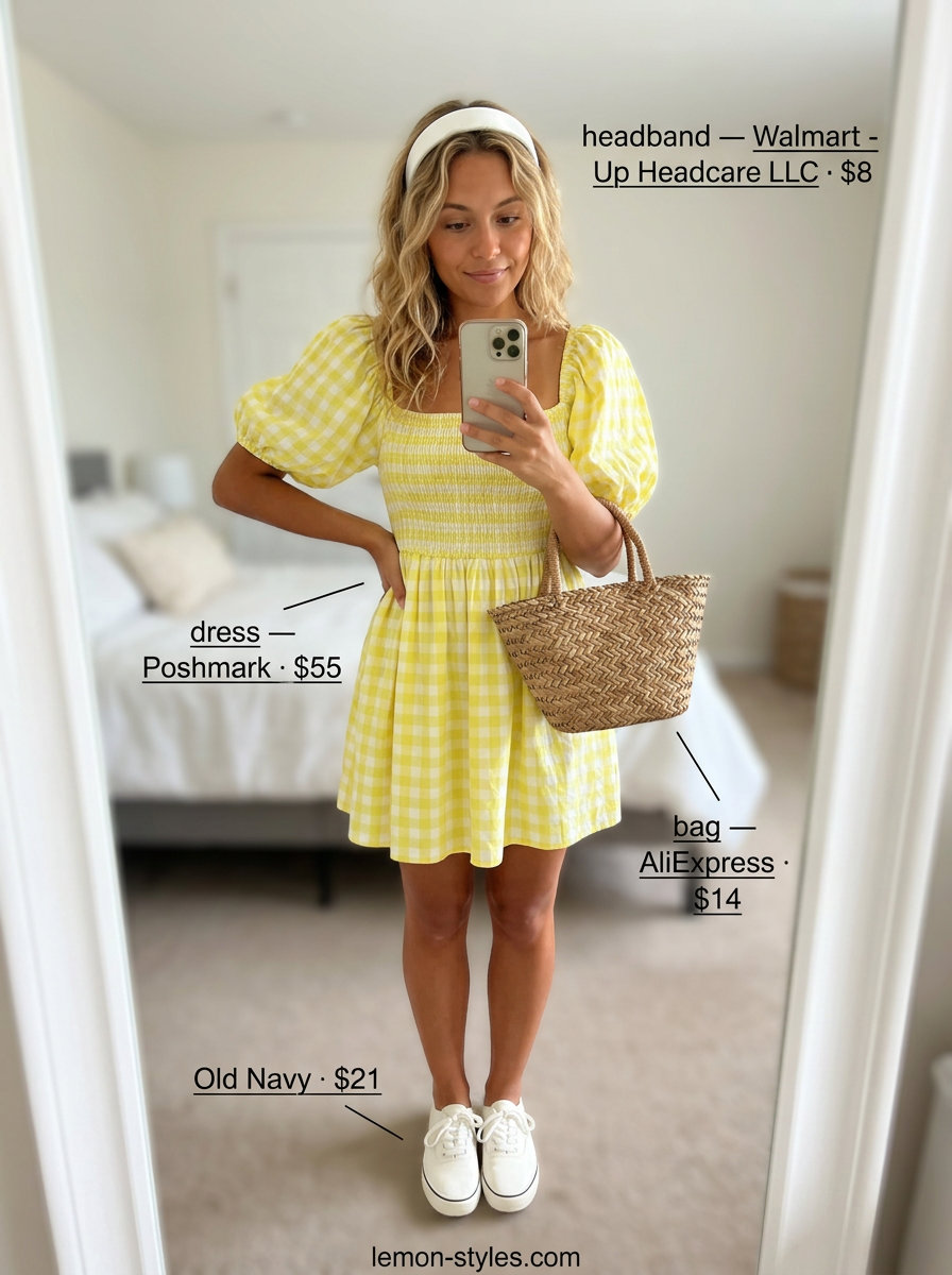 Playful yellow gingham square neck mini sundress, ideal for summer Square Neck outfits for women 2026.