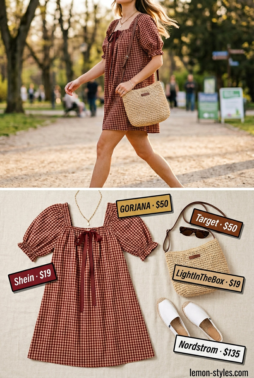 Sweet summer Square Neck outfits for women 2026: Gingham sundress, espadrilles, straw bag for a picnic.
