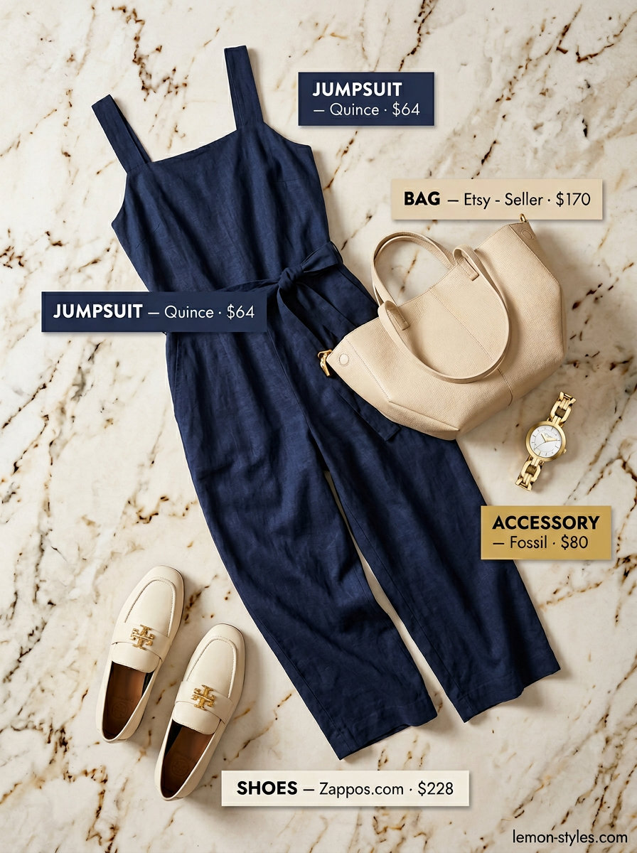 Navy blue square neck jumpsuit with cream loafers for sophisticated summer Square Neck outfits for women 2026.