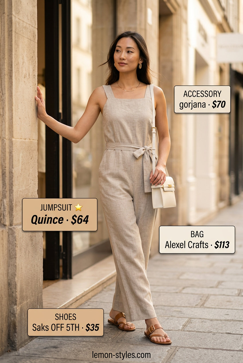 Minimalist summer Square Neck outfits for women 2026: Beige linen jumpsuit, tan sandals, gold earrings for travel.