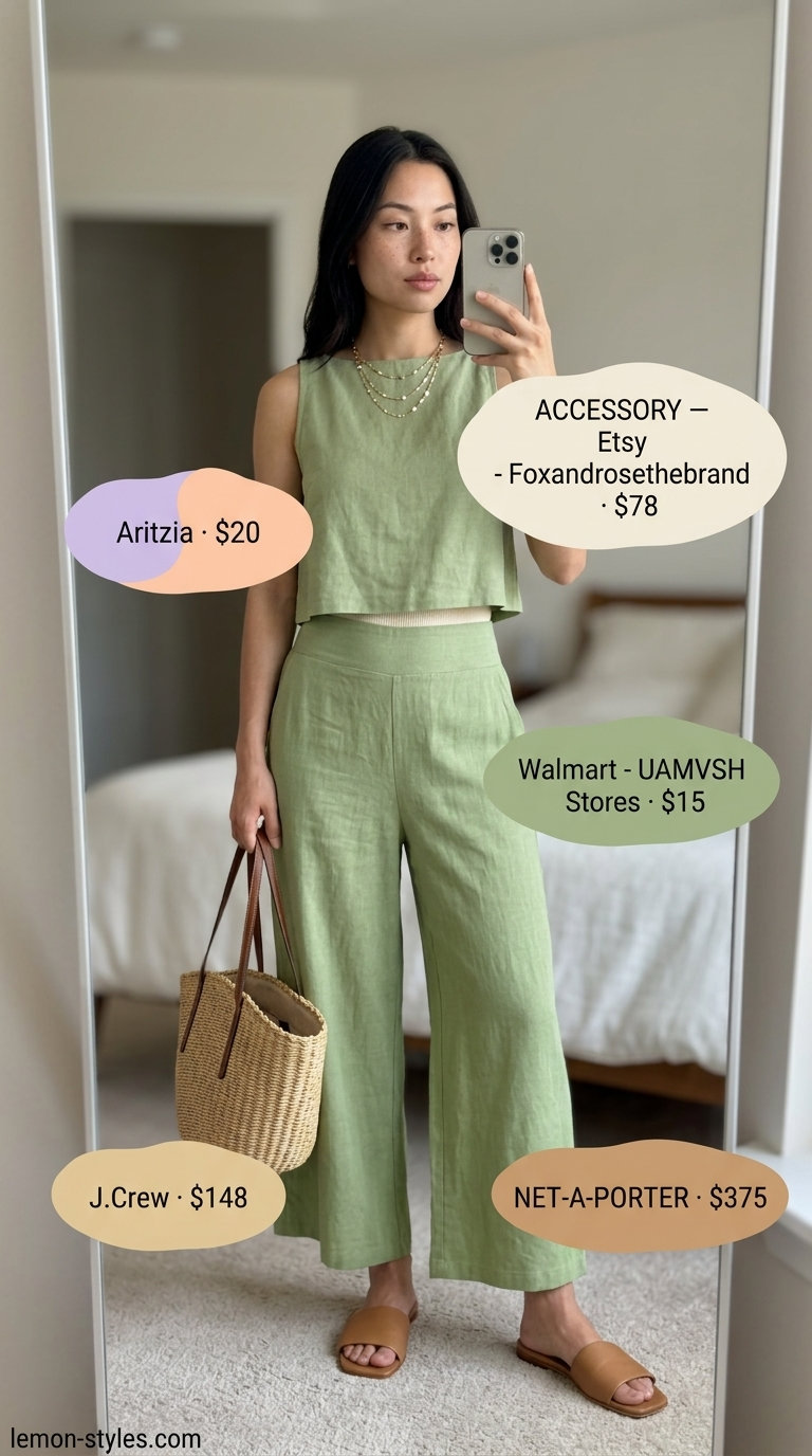 Sage green linen set with square neck crop top for relaxed summer Square Neck outfits for women 2026.