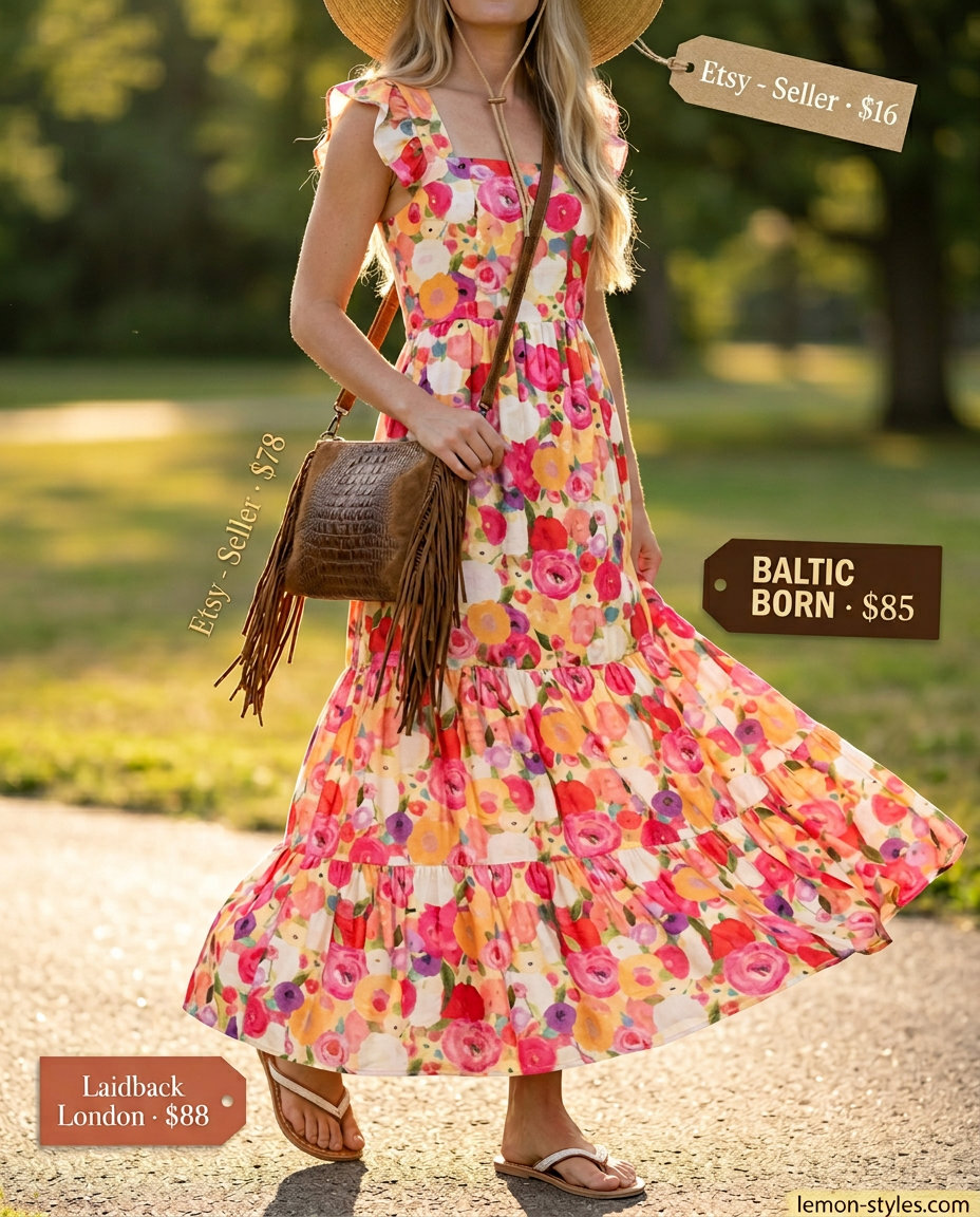 Bohemian floral maxi dress with a square neck for romantic summer Square Neck outfits for women 2026.