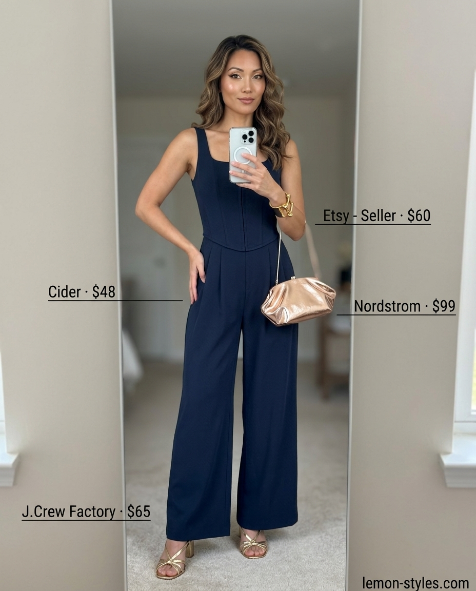 Chic navy blue square neck wide-leg jumpsuit for summer Square Neck outfits for women 2026.