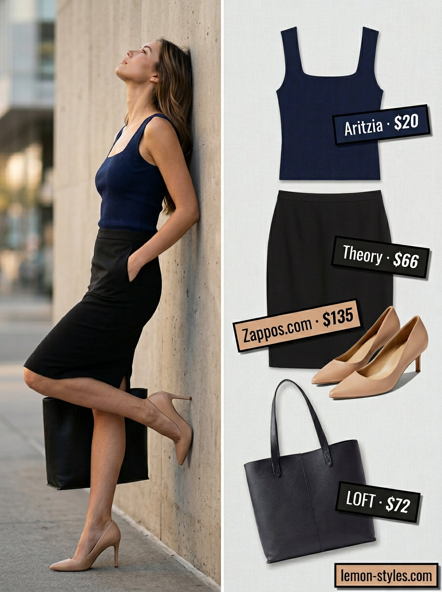 Classic summer Square Neck outfits for women 2026: Navy top, black pencil skirt, nude pumps for business casual.