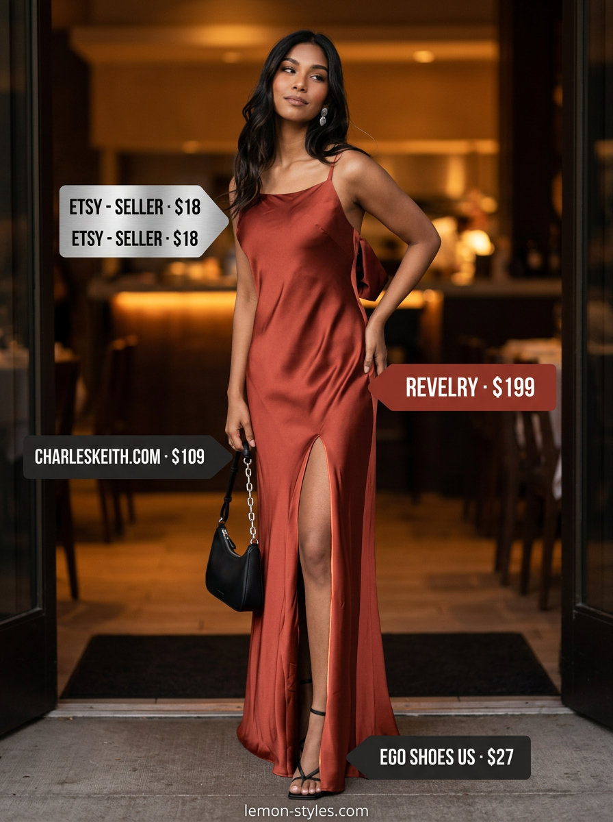 Glamorous summer Square Neck outfits for women 2026: Terracotta slip dress, black heels, silver earrings for date night.