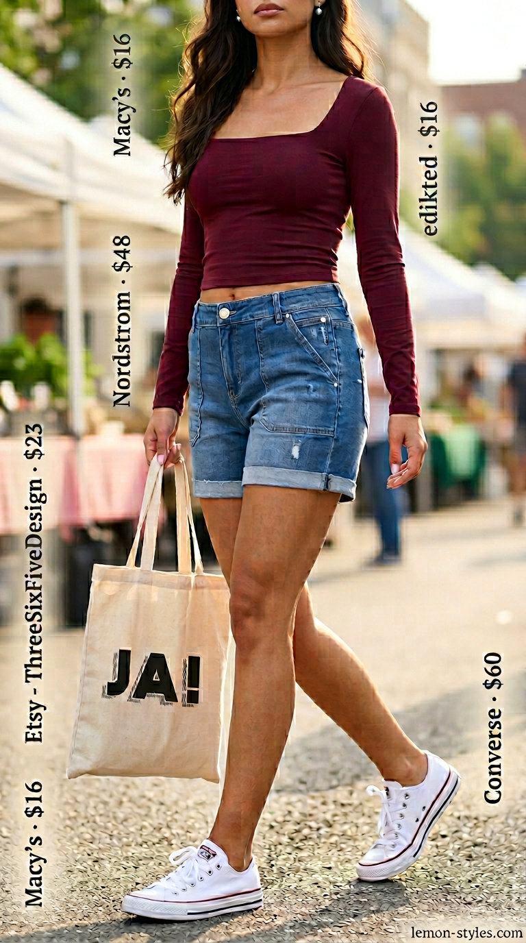 Coral square neck t-shirt with denim shorts for casual summer Square Neck outfits for women 2026.