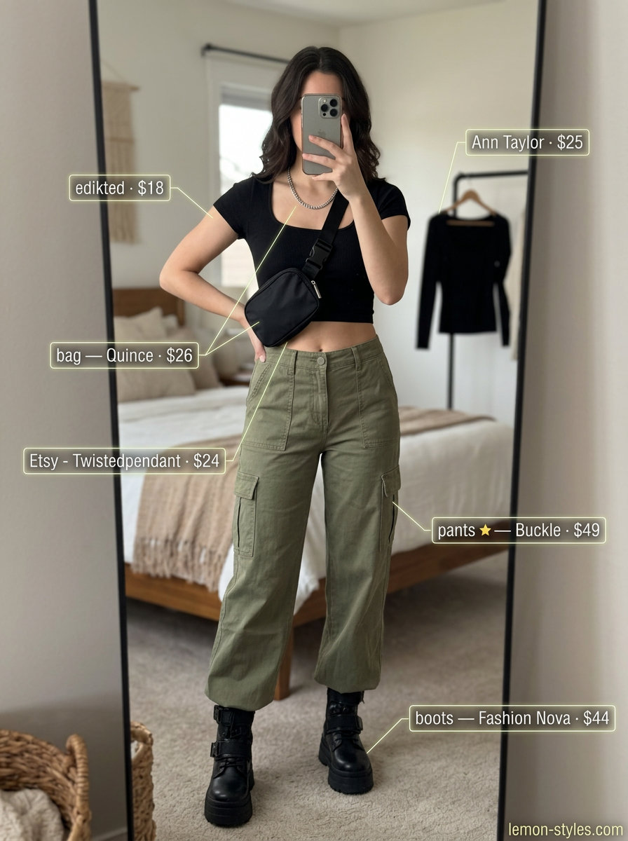 Edgy summer Square Neck outfits for women 2026: Black crop top, olive cargo pants, combat boots for city exploration.