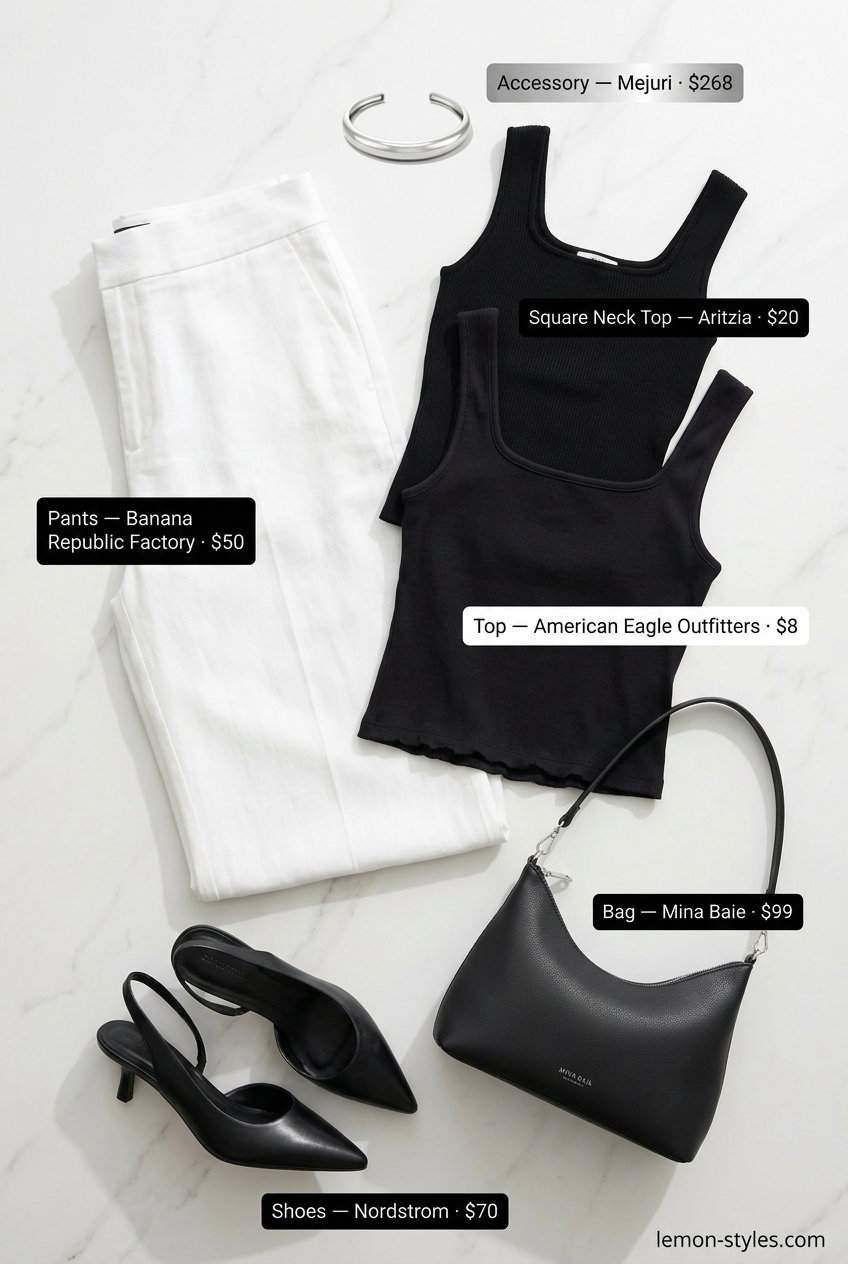 Chic white square neck tank top with wide-leg pants for summer Square Neck outfits for women 2026.