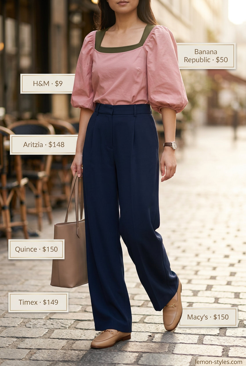 Polished summer Square Neck outfits for women 2026: Blush blouse, navy trousers, beige loafers for the office.