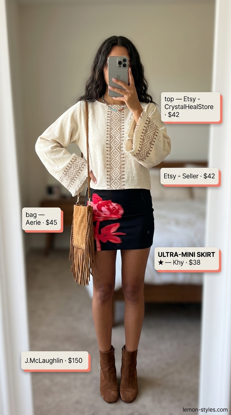 Boho summer ultra-mini outfits for women 2026: Floral skirt, cream peasant blouse, suede ankle boots, fringed crossbody bag.