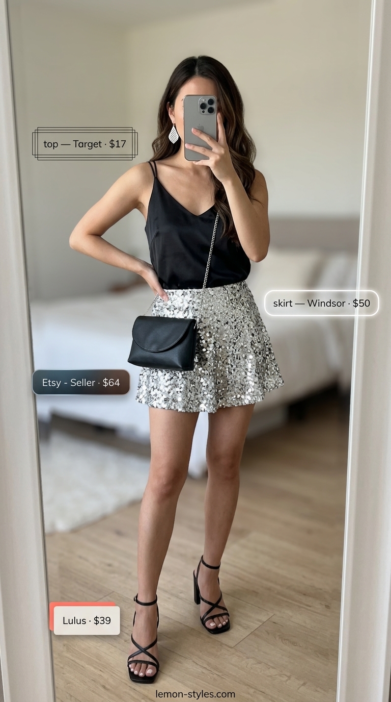 Glamorous summer ultra-mini outfits for women 2026: Silver sequin skirt, black satin cami, stiletto heels.