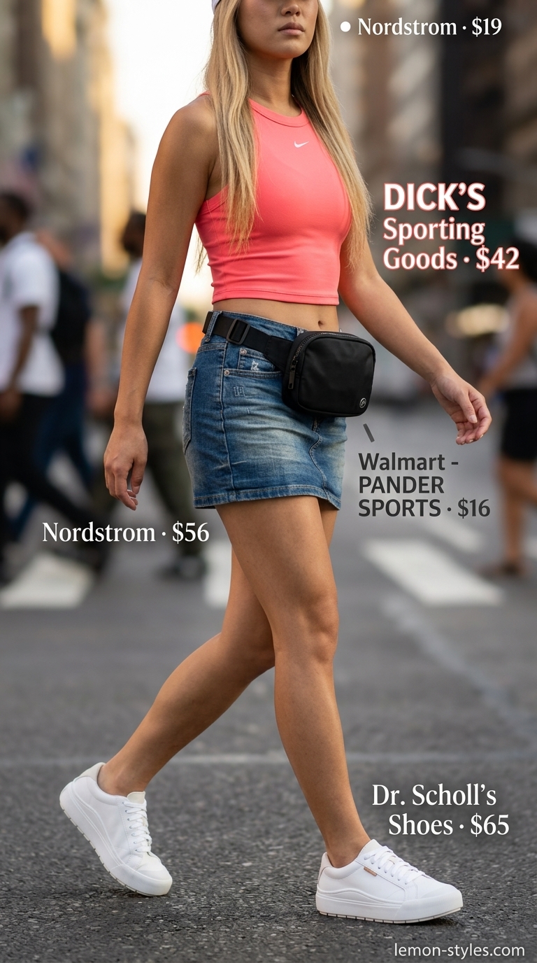 Sporty summer ultra-mini outfits for women 2026: Denim skirt, white tank, fashion sneakers, belt bag.