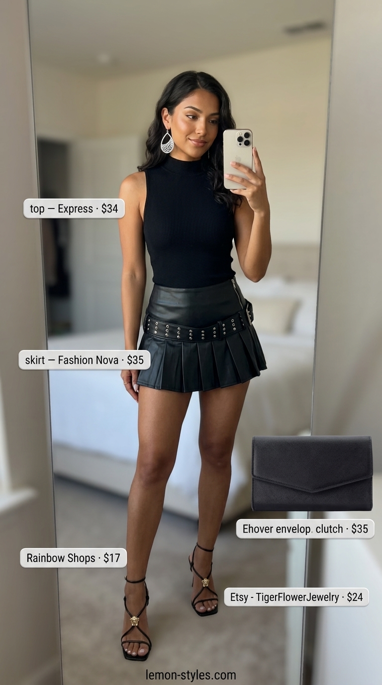Bold summer ultra-mini outfits for women 2026: Silver sequin skirt, black mock neck top, heeled sandals.