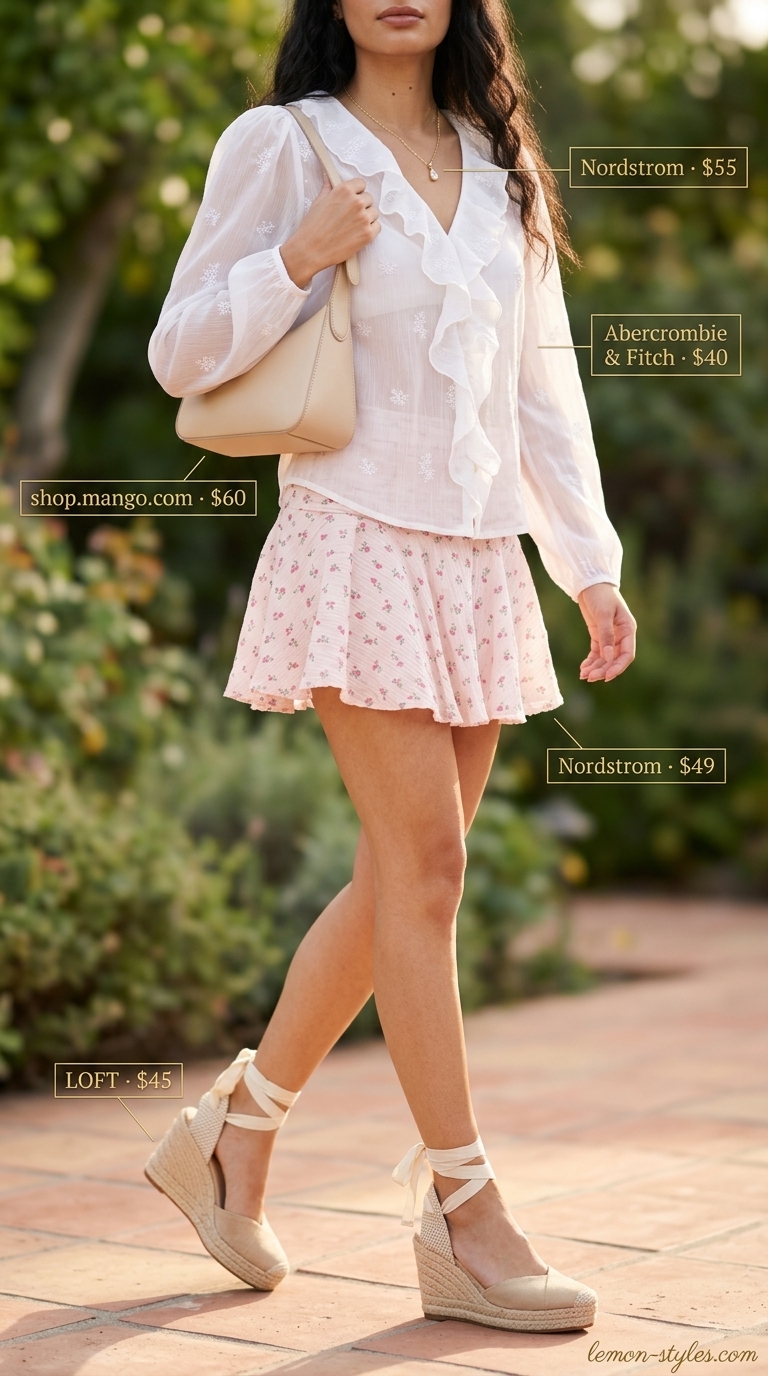 Sweet summer ultra-mini outfits for women 2026: Pastel pink floral skirt, sheer puff-sleeve blouse, espadrille wedges.