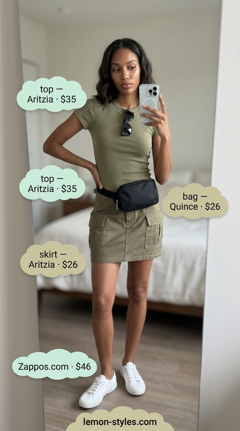 Casual summer ultra-mini outfits for women 2026: Khaki cargo skirt, white tee, canvas sneakers, belt bag.