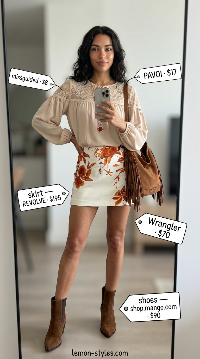 Boho summer ultra-mini outfits for women 2026: Terracotta skirt, cream blouse, suede boots for a festival look.