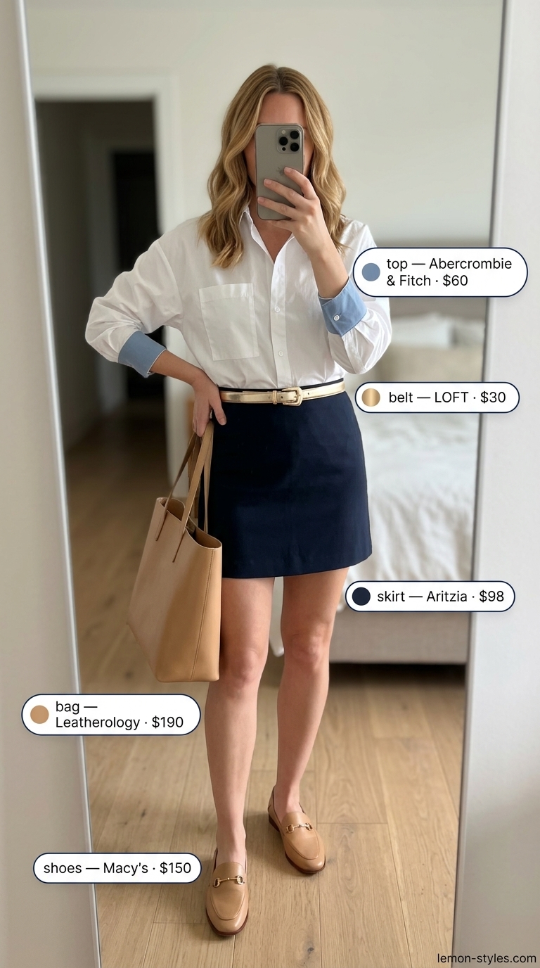 Chic summer ultra-mini outfits for women 2026: Navy skirt, white shirt, tan loafers for a city look.