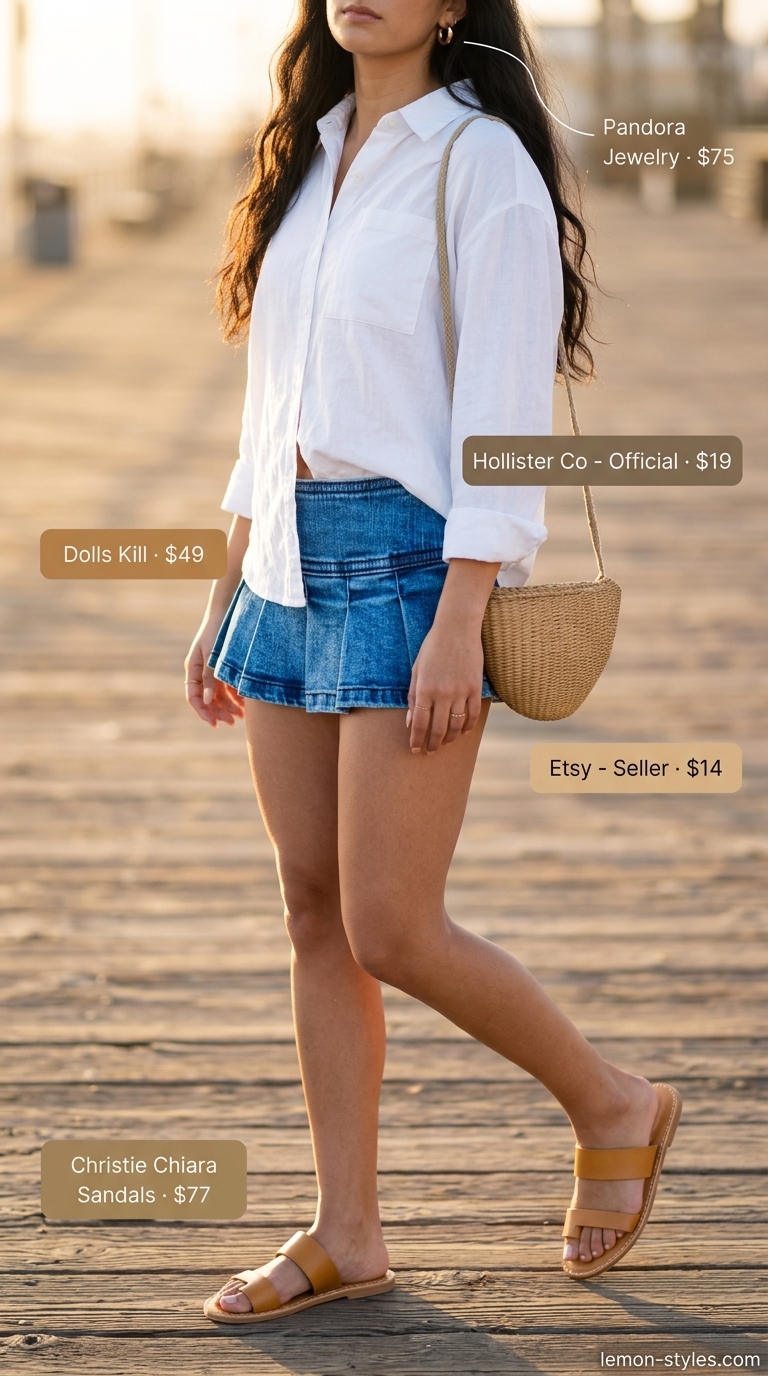 Relaxed summer ultra-mini outfits for women 2026: Blue skirt, white linen shirt, straw bag for a beach vibe.