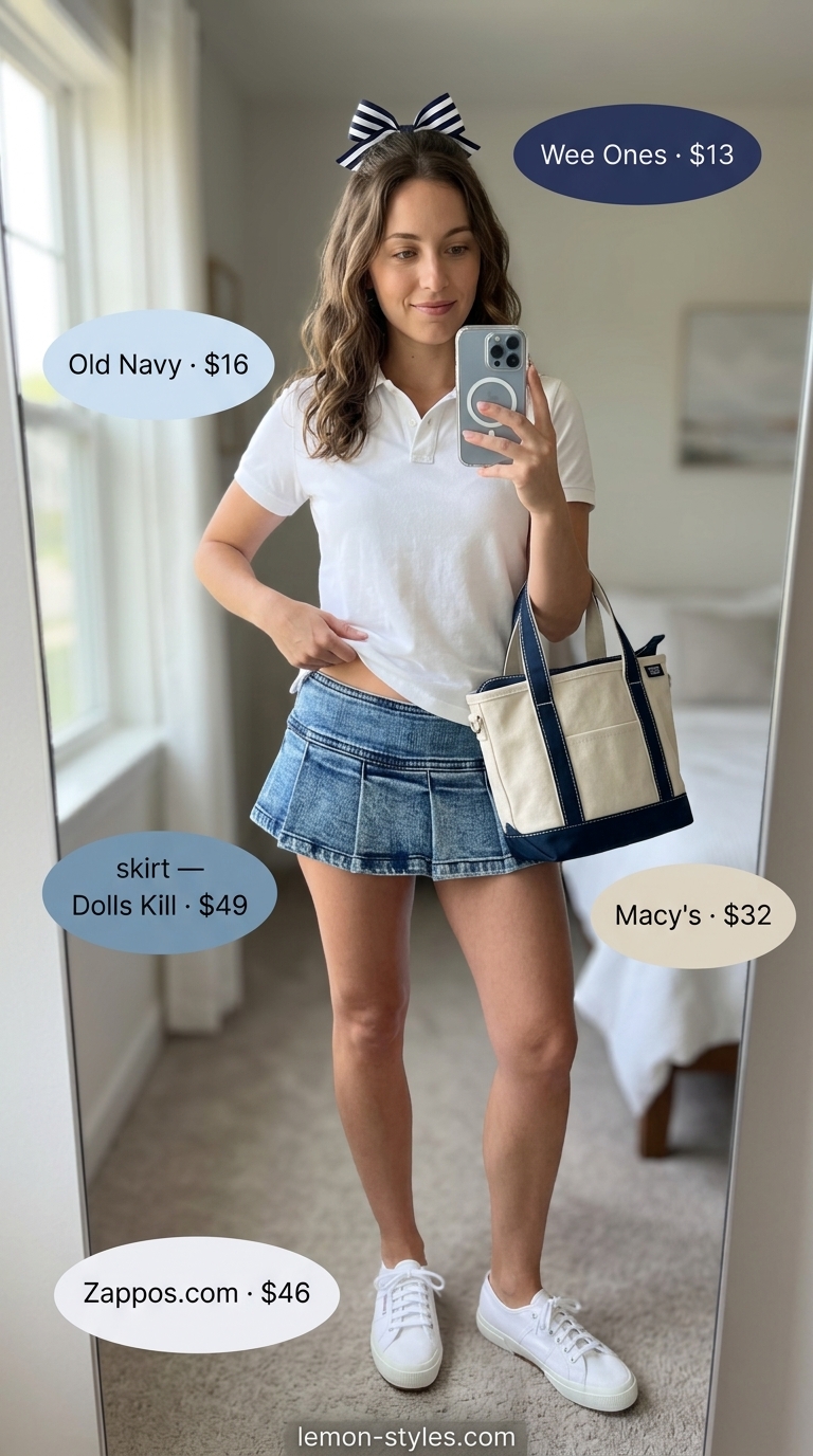 Preppy summer ultra-mini outfits for women 2026: White polo, navy skirt, canvas sneakers for a casual day.