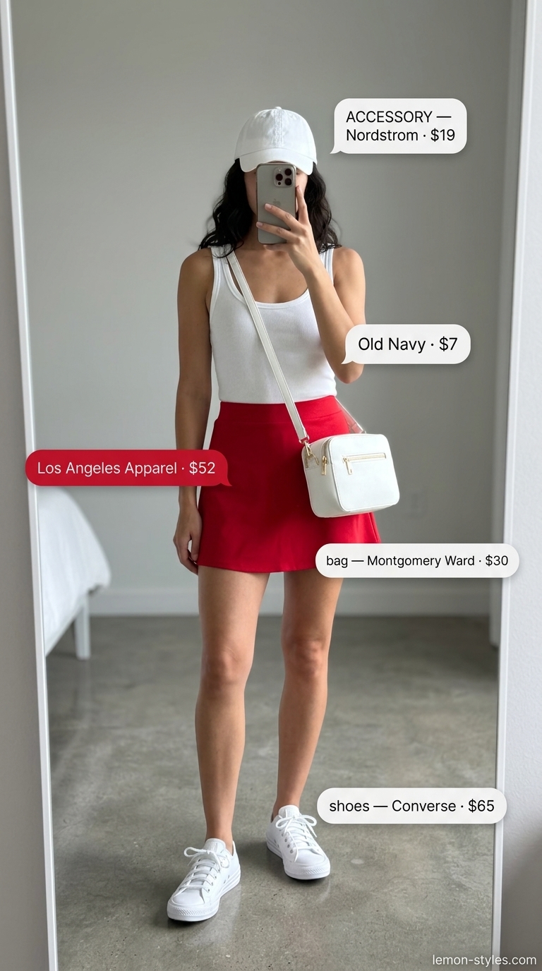 Playful summer ultra-mini outfits for women 2026: Red skirt, white tank, sneakers for a retro sporty look.