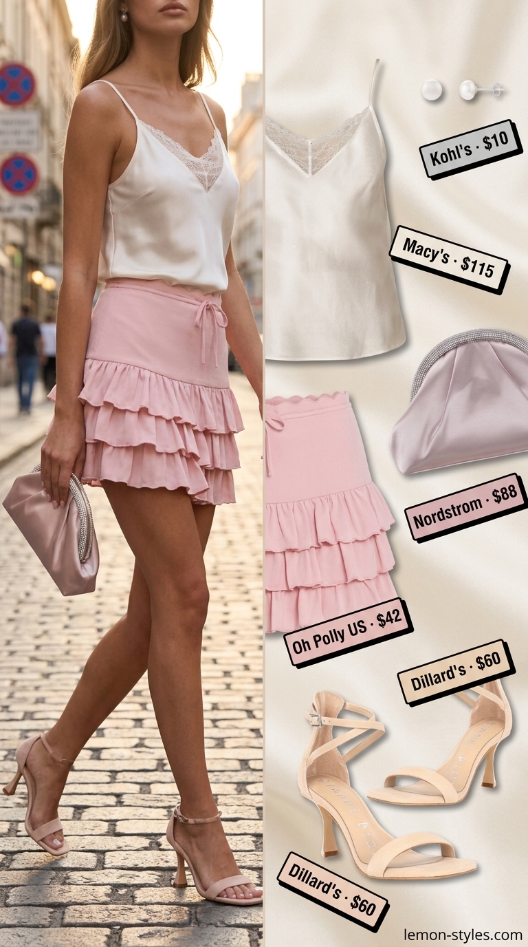 Romantic summer ultra-mini outfits for women 2026: Pink skirt, lace cami, nude heels for a date night.