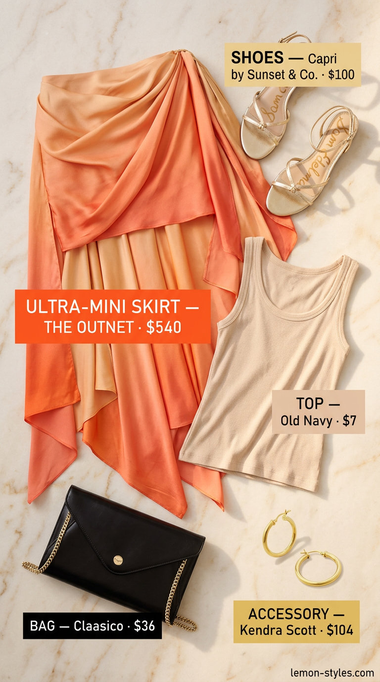 Summer ultra-mini outfits for women 2026: Orange gradient satin skirt, cream tank, gold sandals for a chic dinner date.