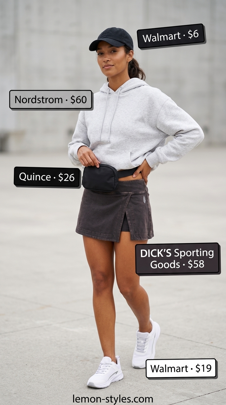 Athleisure black ultra-mini skirt outfit with hoodie, cap, and sneakers for casual days 2026.