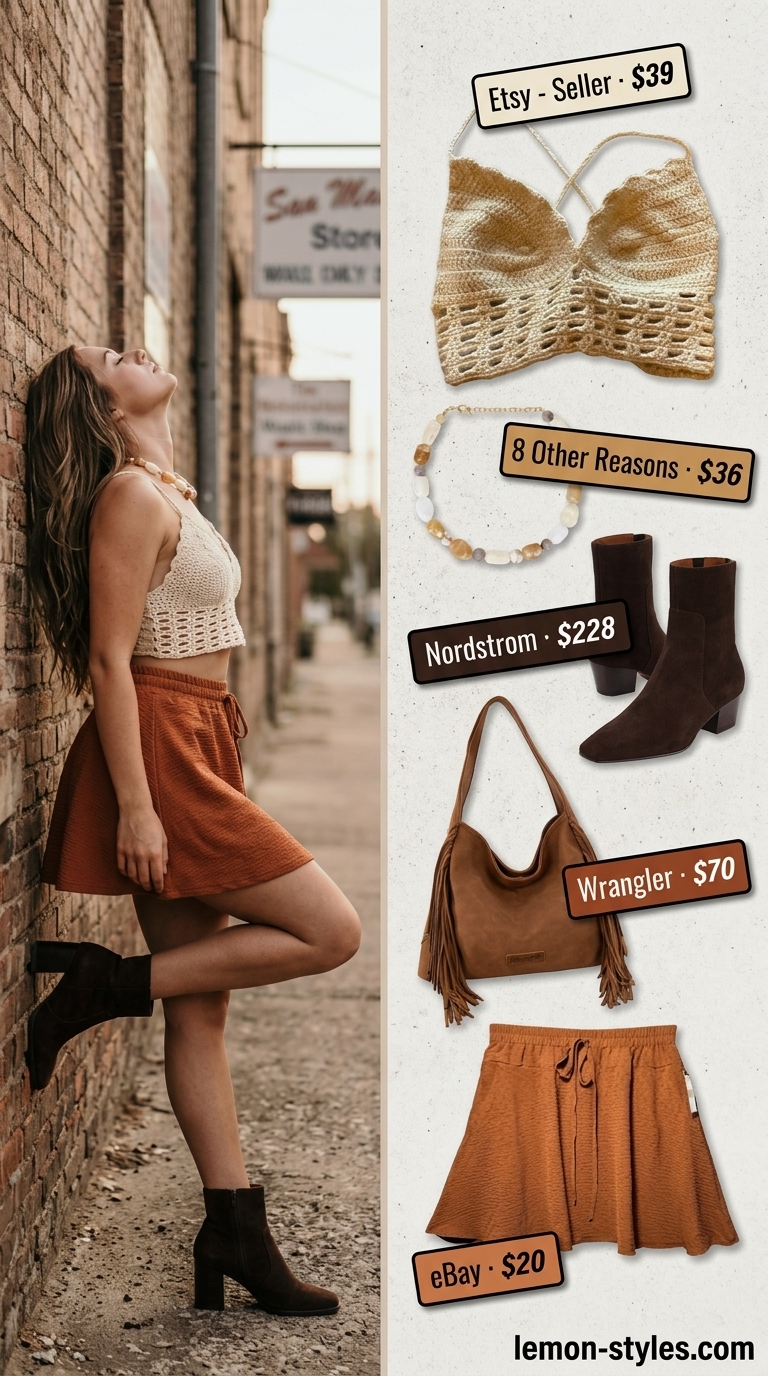 Boho terracotta ultra-mini skirt outfit with crochet top, fringe bag, and suede boots 2026.