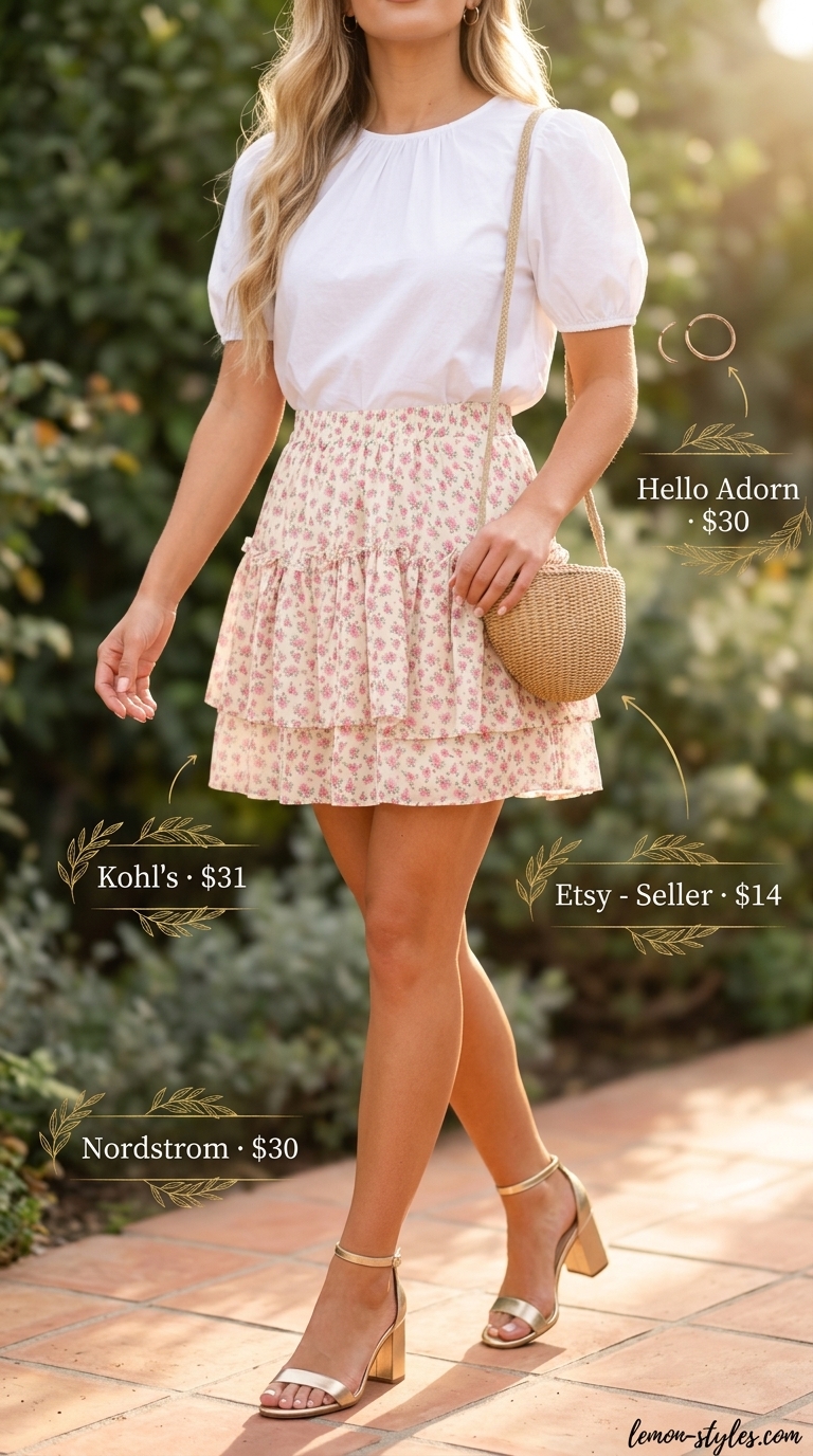 Romantic pastel floral ultra-mini skirt outfit with cream top and straw bag for garden parties 2026.