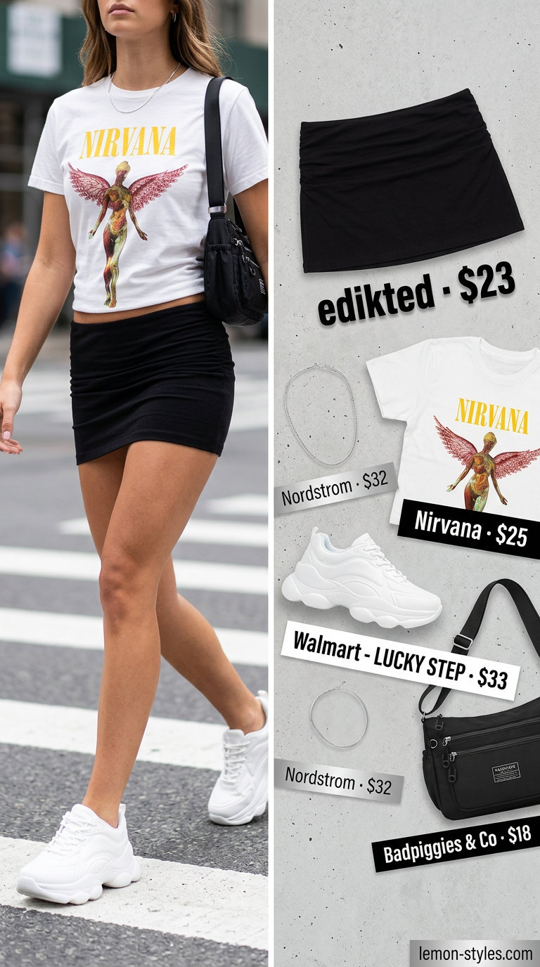 Urban explorer black ultra-mini skirt outfit with graphic tee, crossbody bag, and platform sneakers 2026.