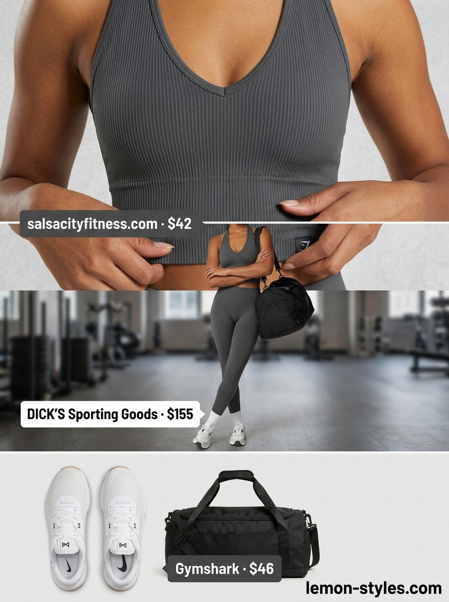 Active summer v-neck outfits women 2026: Charcoal V-neck sports bra & leggings set, zip-up hoodie, athletic sneakers.