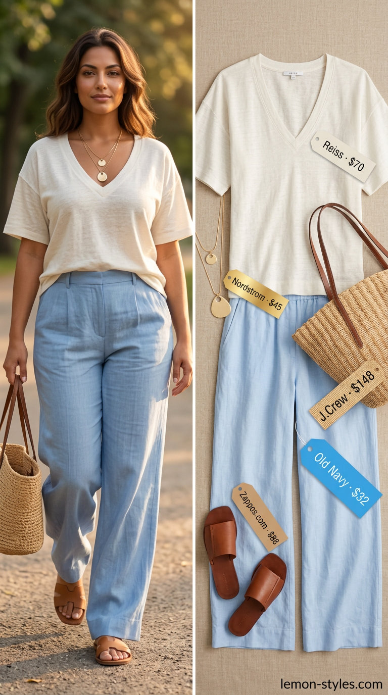 Relaxed summer v-neck outfits women 2026: Ecru linen V-neck tee, sky blue linen pants, straw tote, leather slides.