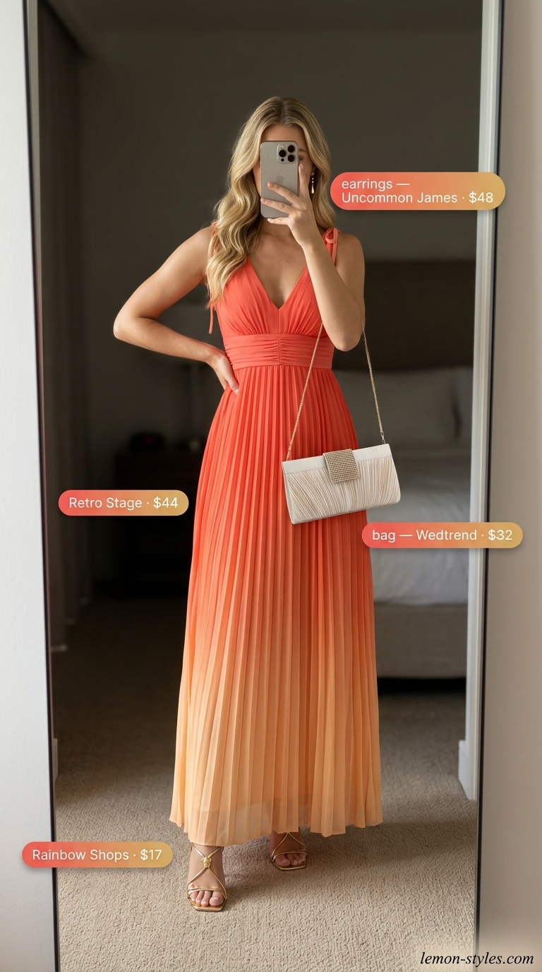 Elegant summer v-neck outfits women 2026: Ombre V-neck maxi dress, gold heels, gold earrings, champagne clutch.