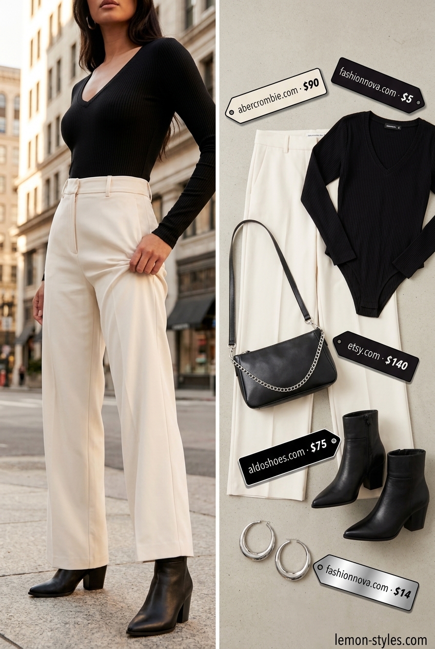 Sophisticated summer v-neck outfits women 2026: Black V-neck bodysuit, white wide-leg trousers, ankle boots, crossbody bag.