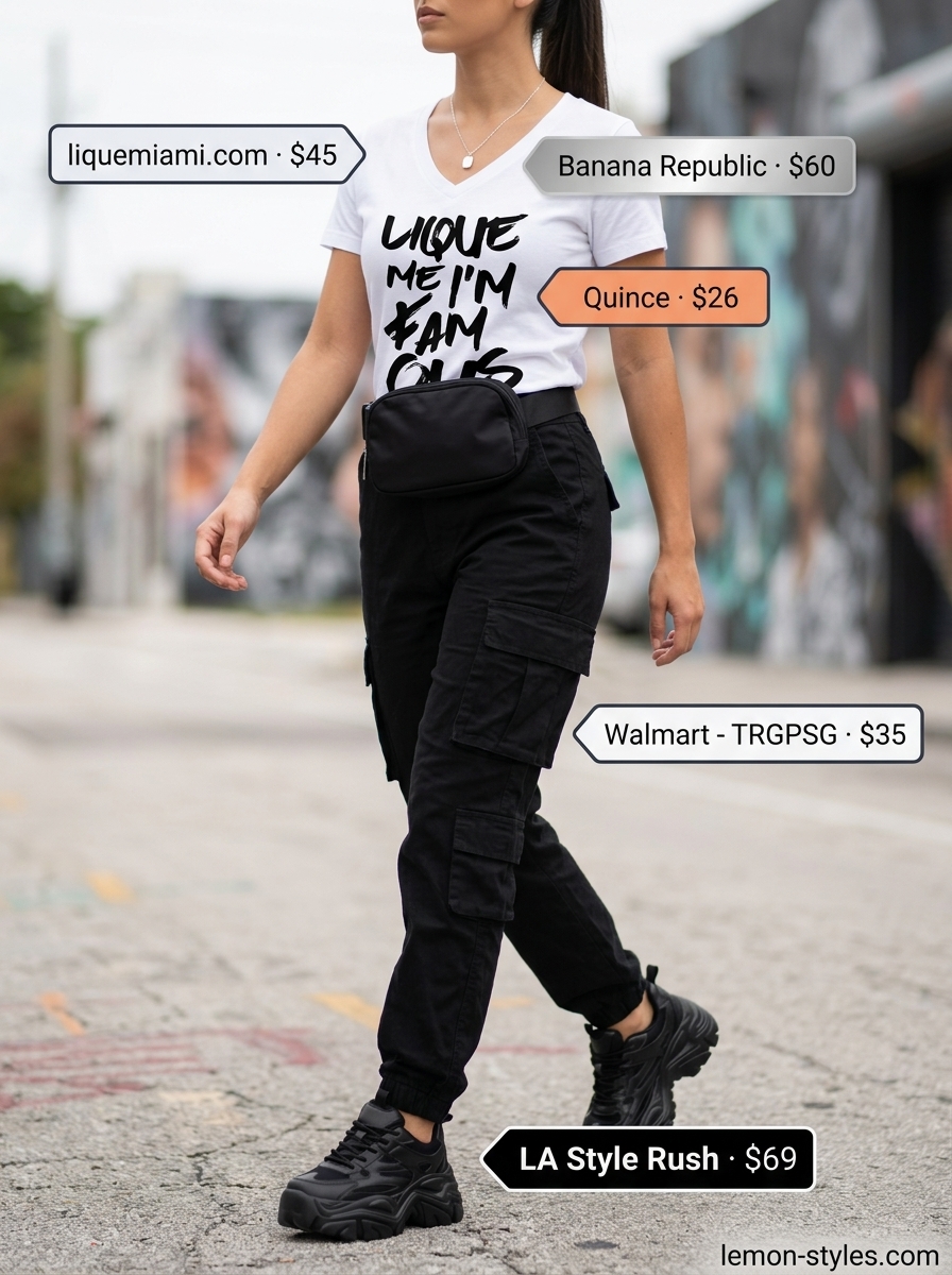 Edgy summer v-neck outfits women 2026: White graphic V-neck tee, black cargo pants, platform sneakers, crossbody bag.